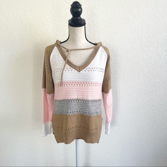 Unbranded Women’s Pink White Tan Striped Color Block Pullover Hoodie Size Small - Picture 2 of 5